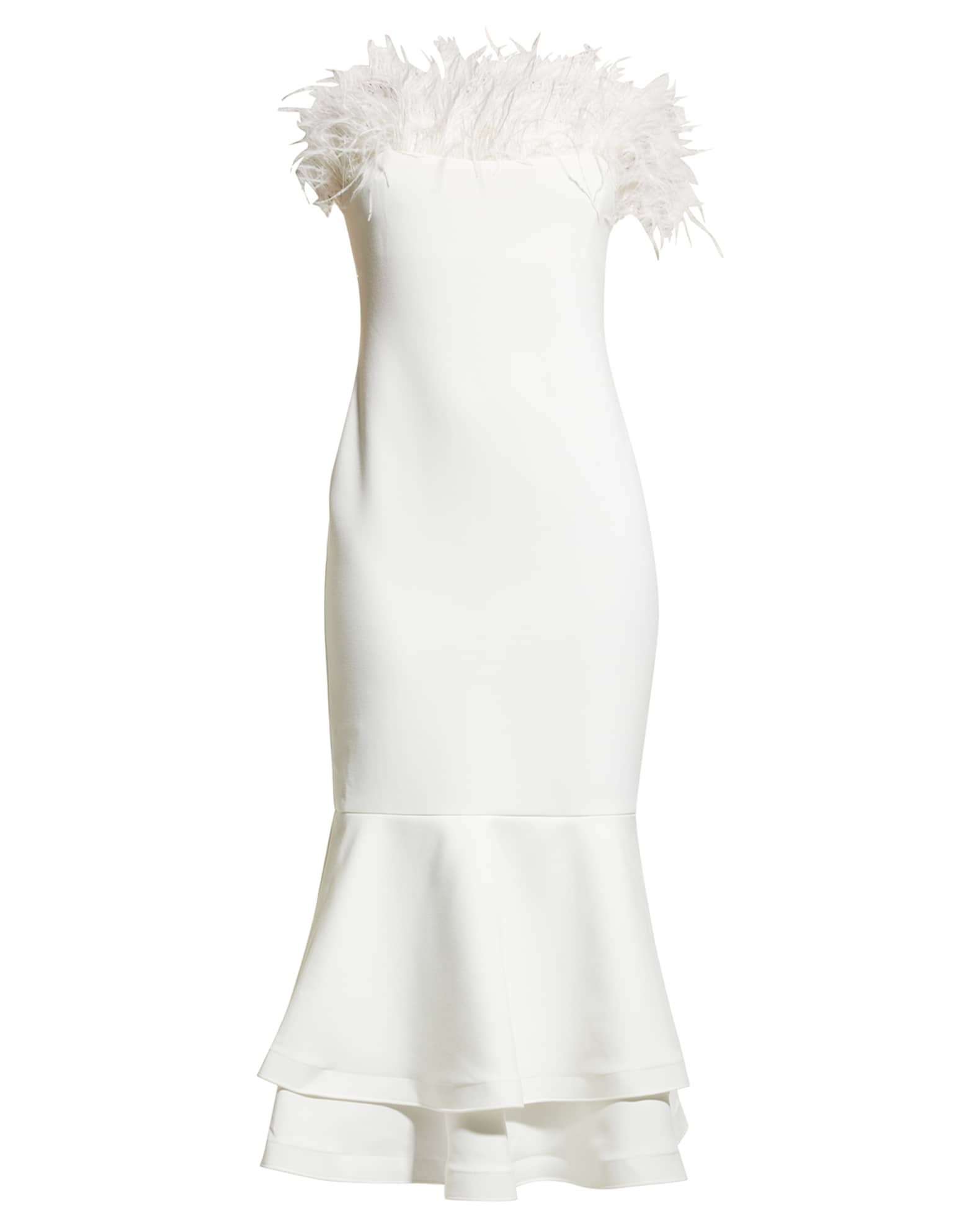 Likely Aurora Feather Strapless Midi Dress | Neiman Marcus