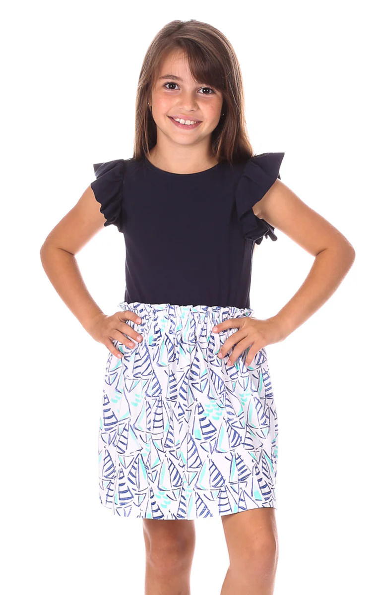 Girls Gloria Dress in Navy with Sailboat Print | Duffield Lane
