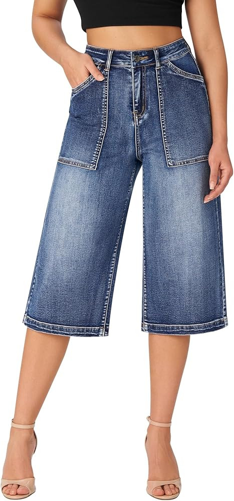 roswear Women’s Wide Leg Capri Pants Stretchy High Waisted Loose Denim Jeans | Amazon (US)