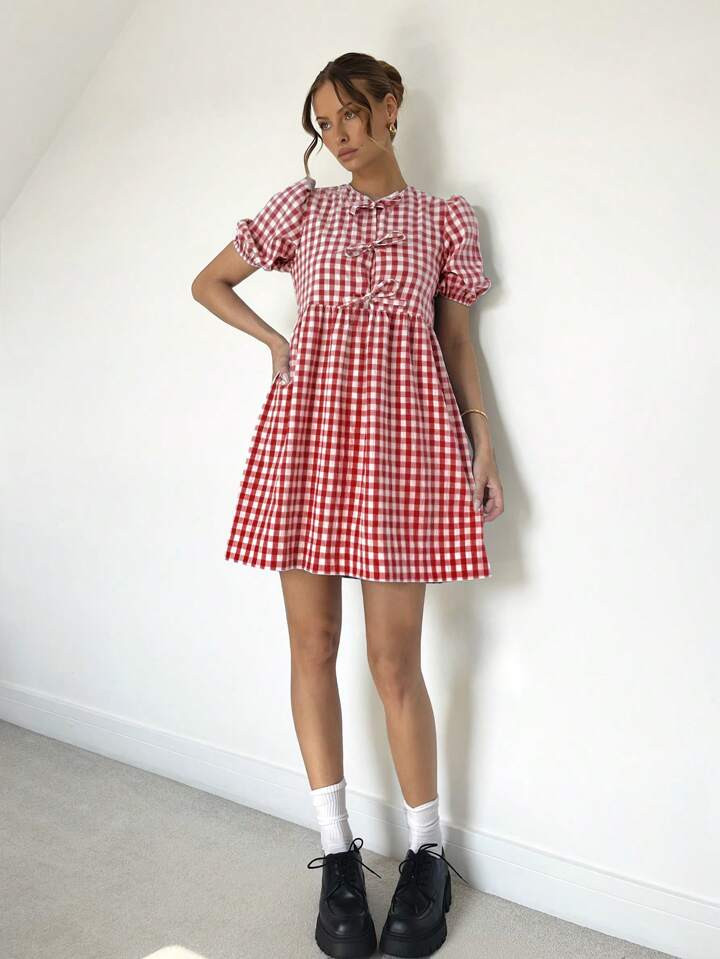 SHEIN Essnce Women's Country Dress Blue & White Plaid Self-Tie Mini Dress, Summer Women Dresses T... | SHEIN