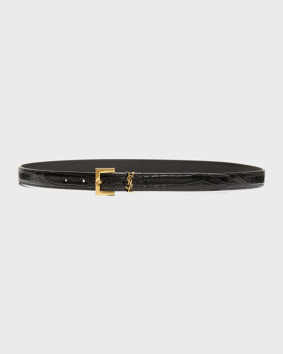 Saint Laurent YSL Croc-Embossed Skinny Belt | Neiman Marcus