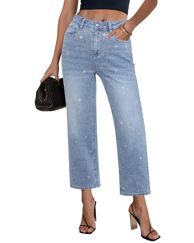 GRAPENT Embellished Jeans Womens Cropped Jeans Straight Leg Pants for Women Lakeside Blue Large Fits US Size 12 to 14 | Amazon (US)