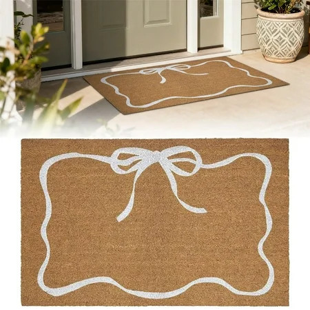 HmNPlay White Bow Coir Doormat Holiday Welcome Mat for Front Door Non Slip Entryway Rug Natural Fiber Dirt Trapper Indoor Outdoor Porch Decor Christmas Farmhouse Aesthetic | Walmart (US)
