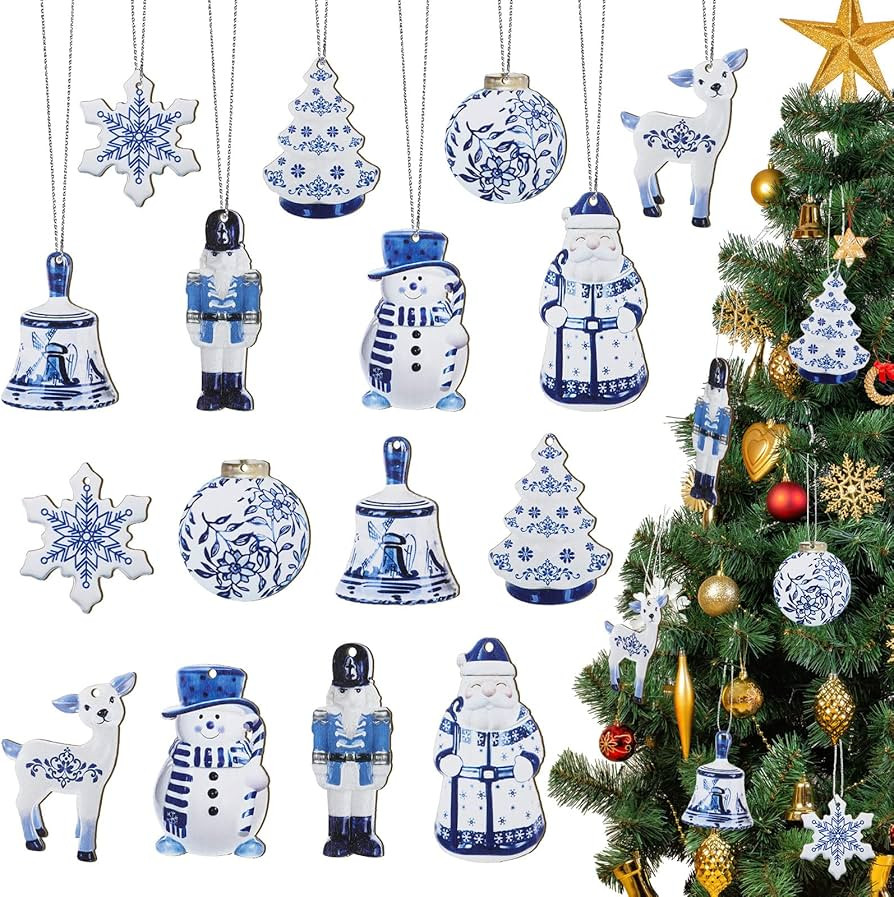 40 Pcs Double Sided Chinoiserie Wooden Ornaments Christmas Blue and White Porcelain Ornaments Tea... | Amazon (US)