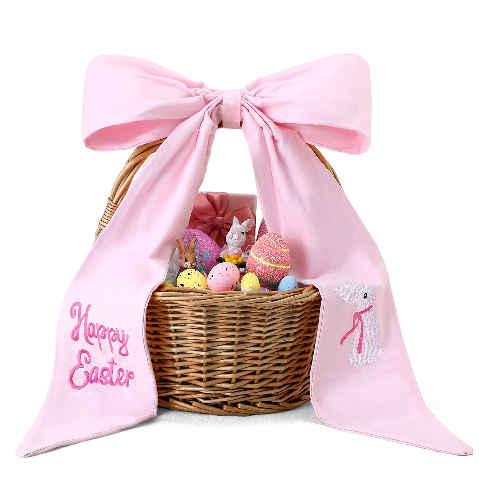 Embroidery Easter Basket Bow Happy Easter Bunny Bow 11.8 x 19.7 Inch Pink Cotton Bows for Wreaths... | Amazon (US)