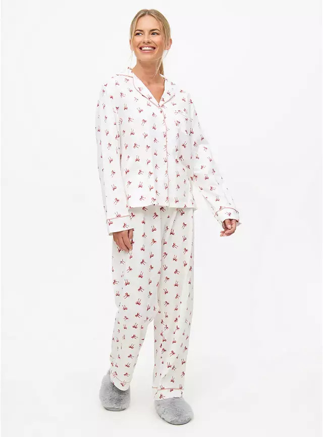Buy Oatmeal & Pink Bow Print Traditional Pyjama Set S | Pyjamas | Tu | Tu Clothing