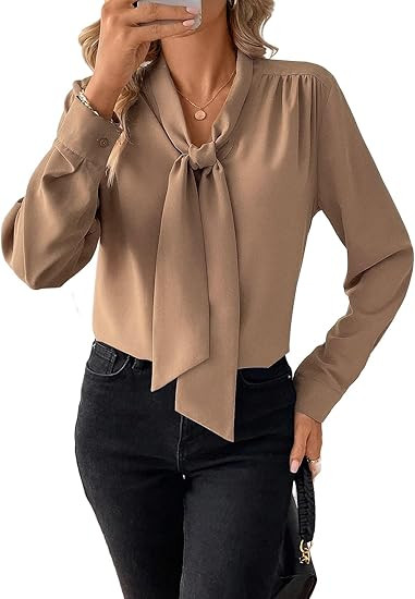 Astylish Women's Bow Tie Neck Long Sleeve Dressy Elegant Office Work Blouse Shirt Tops | Amazon (US)