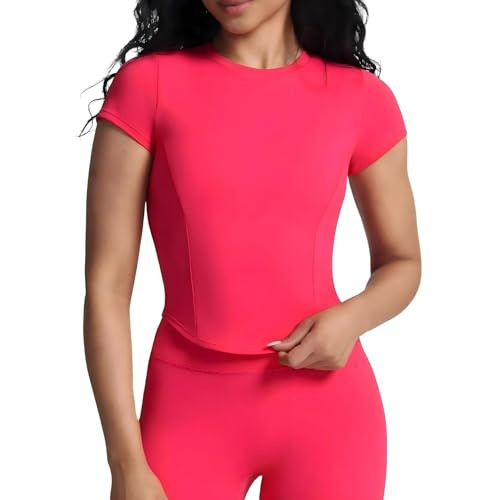 Aoxjox Women's Short Sleeve T-Shirts GEO Baby Tee Workout Gym Yoga Crop Top Without Built-in Bra (Love Potion, X-Large) | Amazon (US)