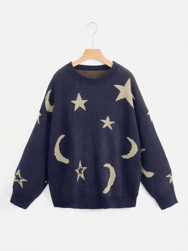 ROMWE Hippie Women's Drop Shoulder Knitted Sweater With Moon And Star Pattern, School,Long Sleeve Tops | SHEIN