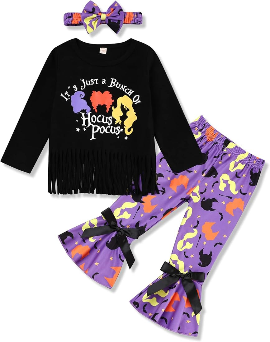 Toddler Baby Girl Halloween Outfits Ruffle Sleeve Dress Top+Pumkin Ghost Pattern Pant 3PCS Hallow... | Amazon (US)
