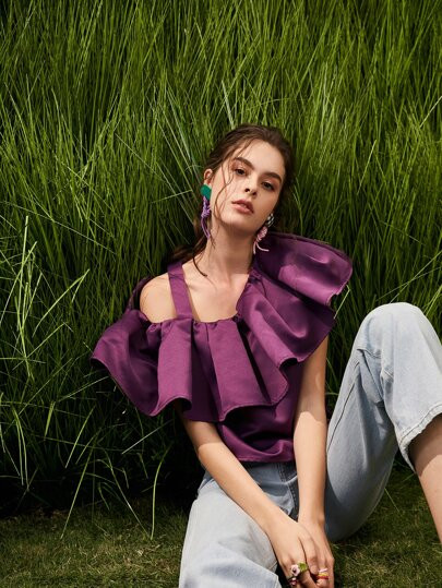 SHEIN Asymmetrical Ruffle Neck Top | SHEIN