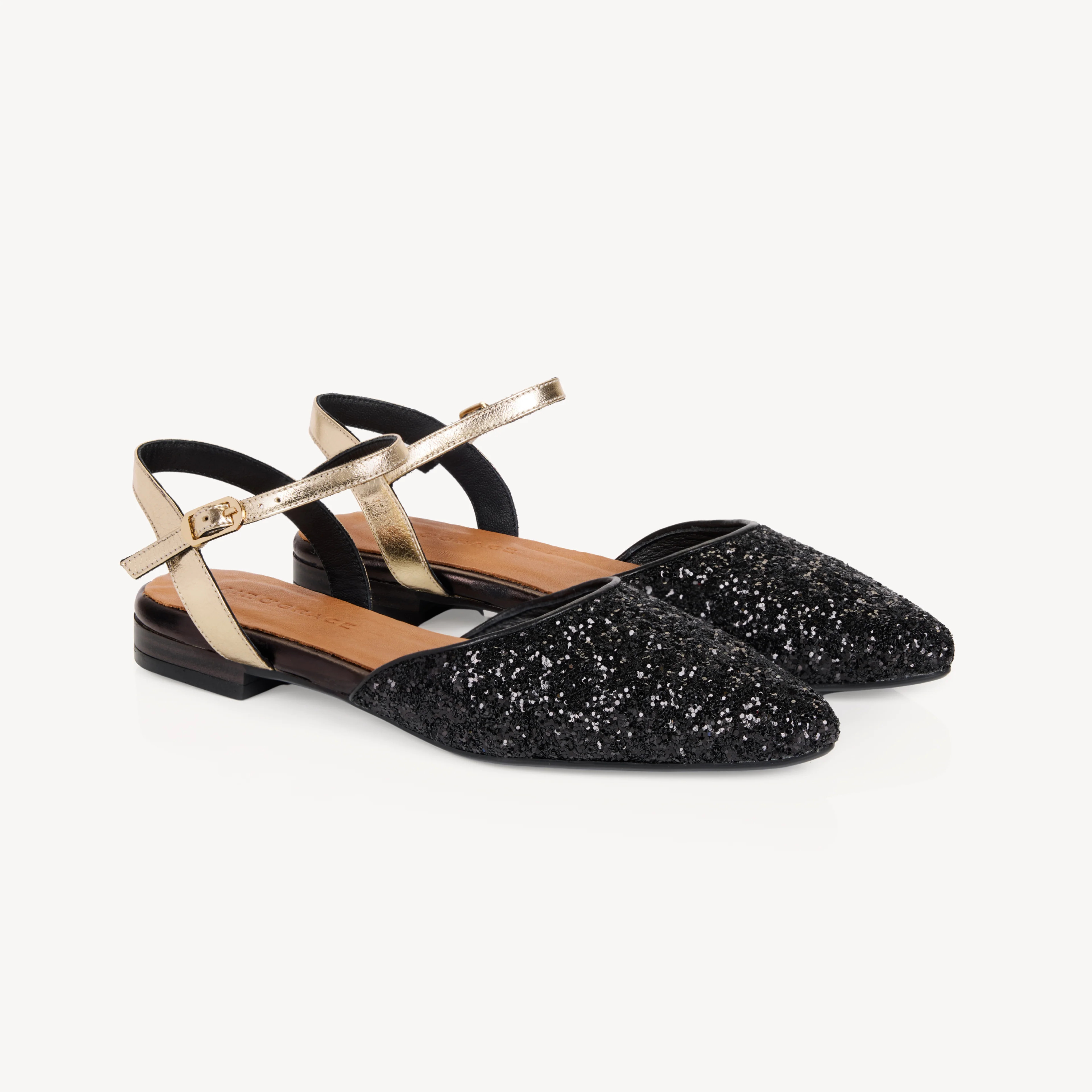 Loulou: Black & Gold Glitter Pointed Flats | Air & Grace