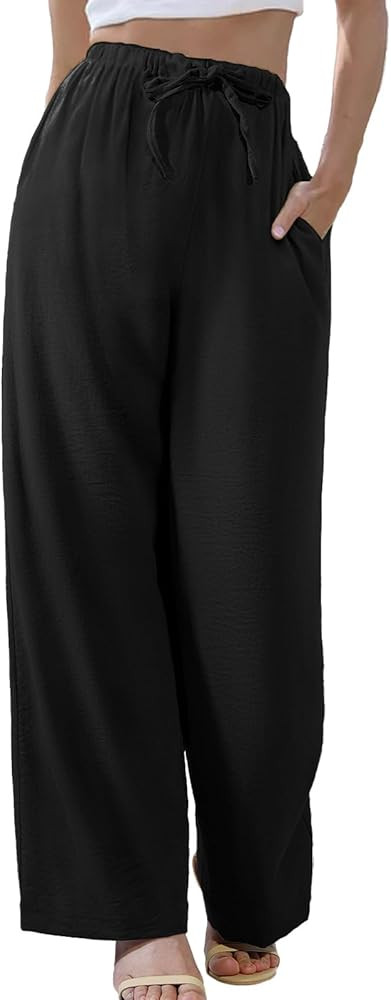 Feiersi Women's Casual Pants Drawstring Elastic Waist Pants Flowy Wide Leg Beach Trousers with Po... | Amazon (US)