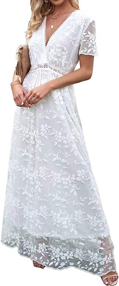 Yuheisl Women Summer Lace Maxi Dress Embroidery Loose Clothes Elegant Retro Chic Long Dress | Amazon (US)
