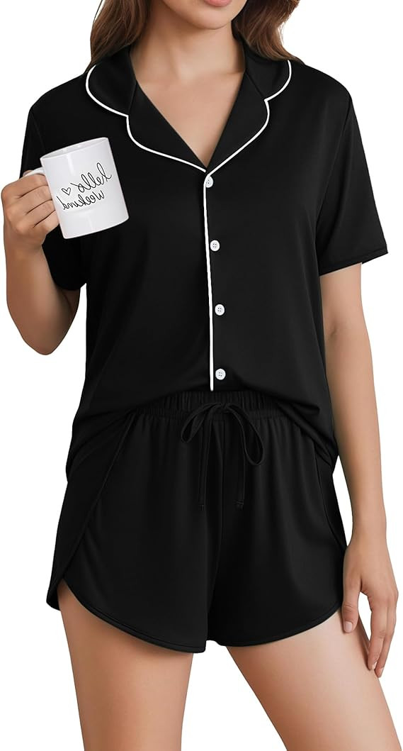 Ekouaer Pajamas for Women Set Button Up Sleepwear 2 Piece Pjs Lounge Set Short Sleeve Nightwear | Amazon (US)