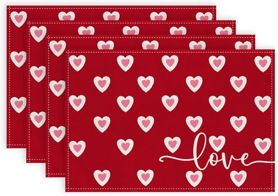 ARKENY Valentine's Day Placemats 12x18 Inches Set of 4, Pink Heart Love Seasonal Farmhouse Burlap... | Amazon (US)