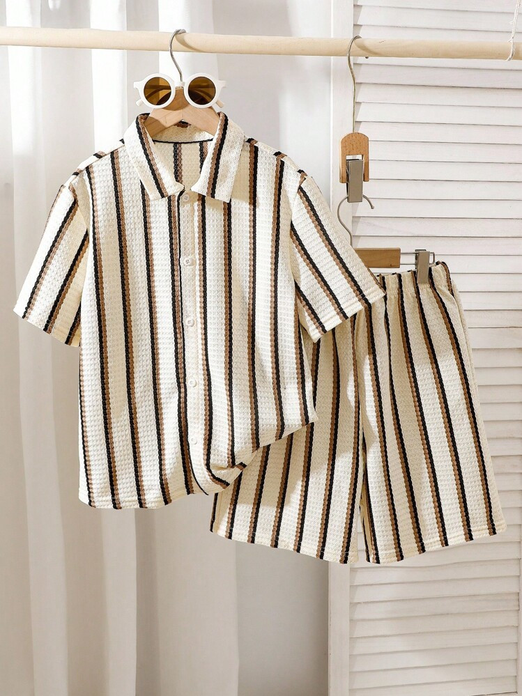 Mirajuku 3pcs Tween Boy Knitted Textured Vertical Striped Short Sleeve Shirt And Matching Casual Shorts Set, Blended Fabric, Skin-Friendly And Breathable. The Shirt Features Multi-Color Vertical Stripe Design With A Small Collar And Short Sleeves; The Shorts Have An Elastic Waistband. The Overall Style Is Casual And Suitable For Daily Wear, Kindergarten, Beach Trips, Etc. Can Be Worn As A Set Or Separately To Create A Sunny And Energetic Kids Outfit, Perfect For Back-To-School Season. Summer Holiday | SHEIN