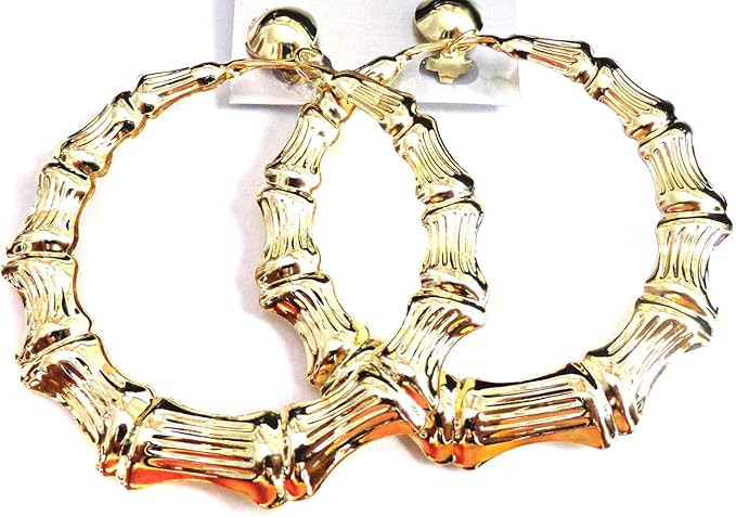 Clip on Bamboo Hoop Earrings Clip Hoop Earrings Gold or Silver tone 3.5 inch Hoops Large | Amazon (US)
