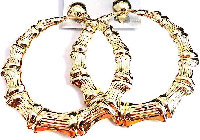 Clip on Bamboo Hoop Earrings Clip Hoop Earrings Gold or Silver tone 3.5 inch Hoops Large | Amazon (US)