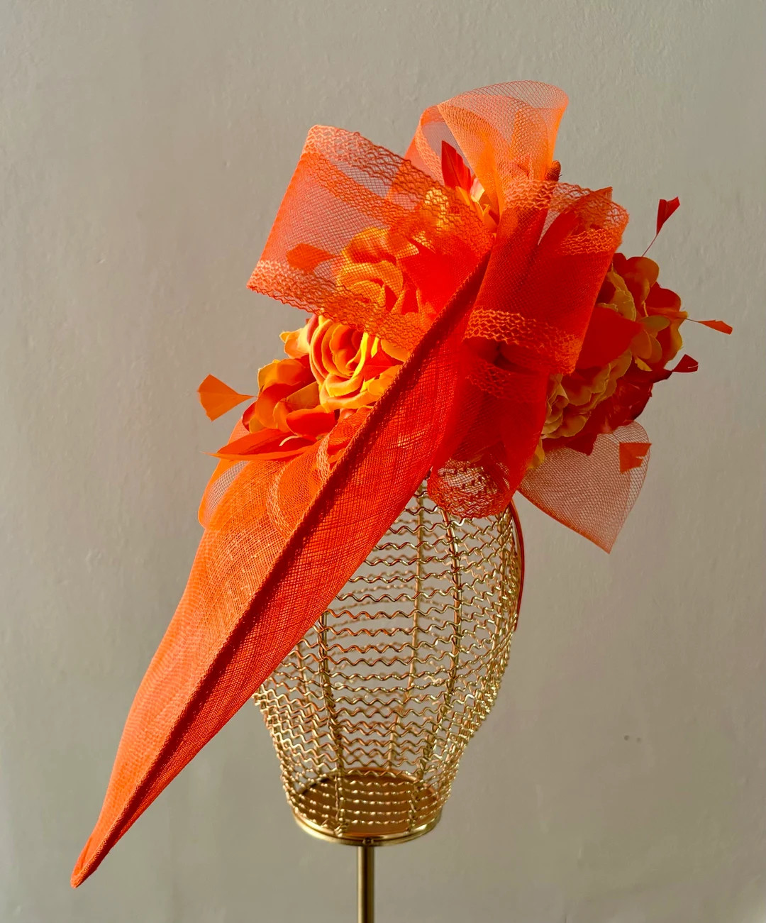 XL Statement Bright Orange Cartwheel Hat Fascinator - Bow Hydrangea Peony Florals Underneath - We... | Etsy (US)