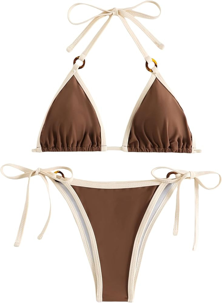 Amazon.com: MakeMeChic Women's Halter Tie Side Triangle Bikini Set High Cut 2 Piece Bikini Swimsu... | Amazon (US)