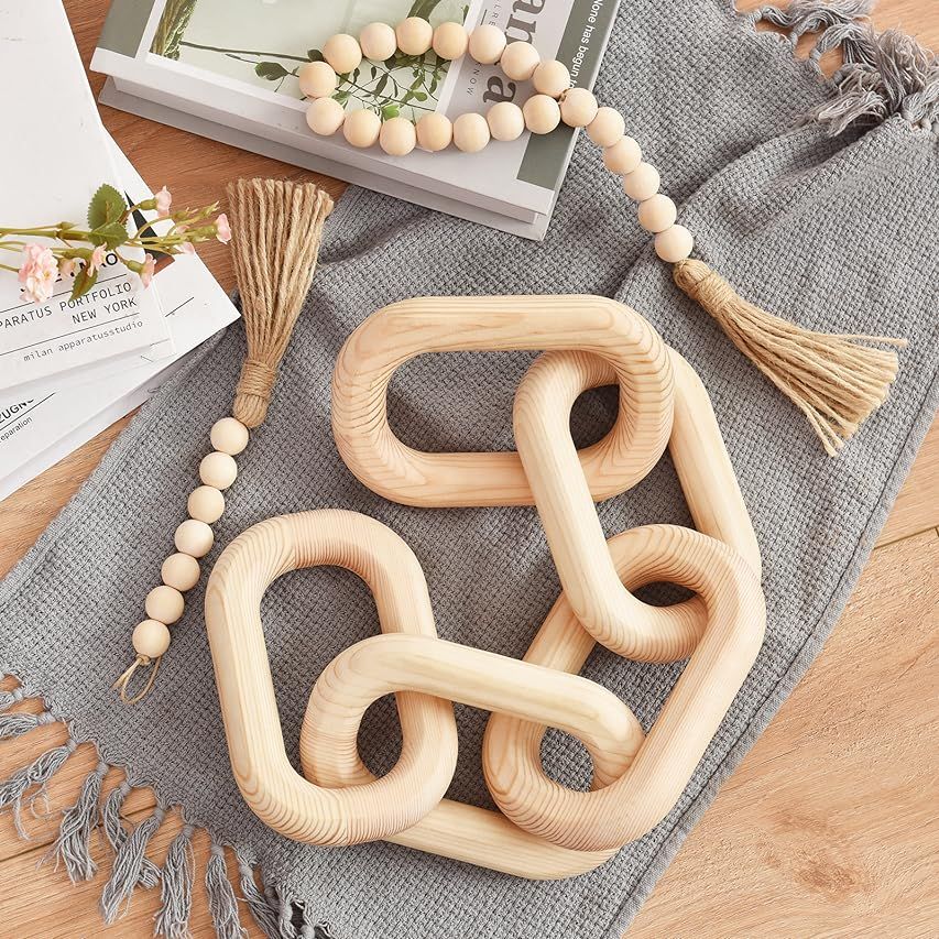 2 Pieces Decorative Wood Link Chain and Wooden Beads Garland with Tassel 5-Link Wood Link Chain Deco | Amazon (US)
