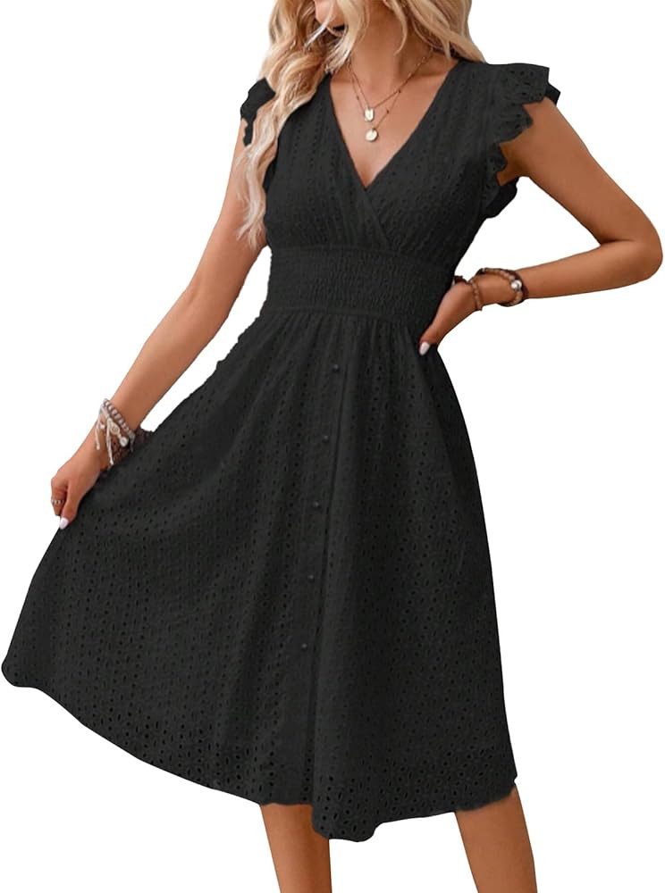 Summer Women’s Dress Hollow Lace Casual Boho Beach Vacation Party Medi Dress | Amazon (US)