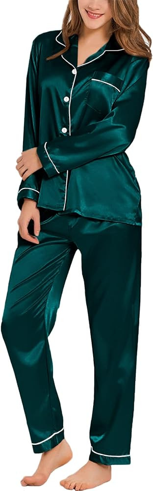 SWOMOG Womens Silk Satin Pajamas Loungewear Two-piece Sleepwear Button-Down Pj Set | Amazon (US)