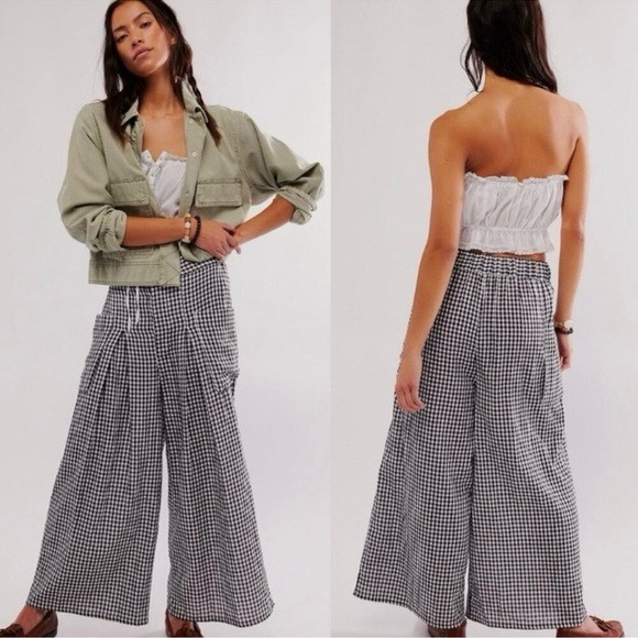 Free People East Side Retro Gingham Black White Trouser Wide Leg Pants NEW | Poshmark