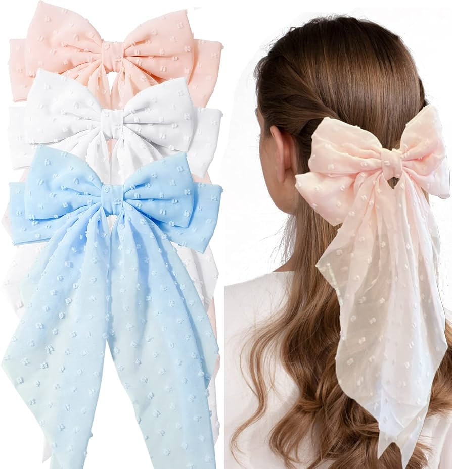 3 Pieces Large Hair Bows with Long Tail for Women and Girls - Big Plain Color Bowknot Barrettes i... | Amazon (US)