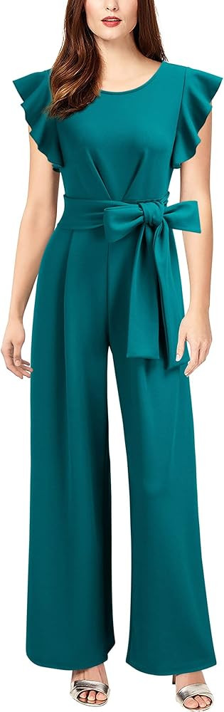 Knitee Women's Vintage Sleeveless Ruffle High Waist Wide Leg Romper Formal Long Jumpsuit with Bel... | Amazon (US)