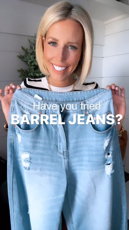 Have you tried barrel jeans yet?!?! I was very hesitant to try but now I’m hooked!!!! I love this @amazon pair!!!! The wash and minimal distressing are perfect!!!
⬇️⬇️⬇️
Jeans size medium
Khaki striped top and button down size small
Black/cream knit top sized up to large. 

#LTKFindsUnder100 #LTKFindsUnder50 #LTKStyleTip