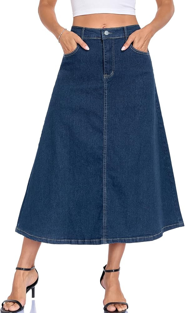 HOTIAN Womens Denim Long Maxi Jean Skirt A-Line Stretchy High Wasited Flared Midi Skirts with Poc... | Amazon (US)