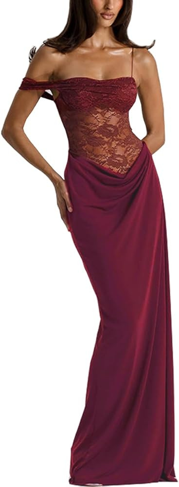 Women's Sexy Lace Maxi Dress High Split Spaghetti Strap Backless Wedding Guest Cocktail Formal Dr... | Amazon (US)