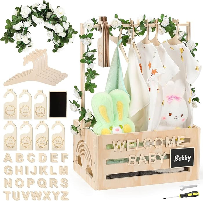 Wooden Baby Shower Crate Closet With Hangers, Letters, Dividers - Easy Assembly Basket for Newbor... | Amazon (US)