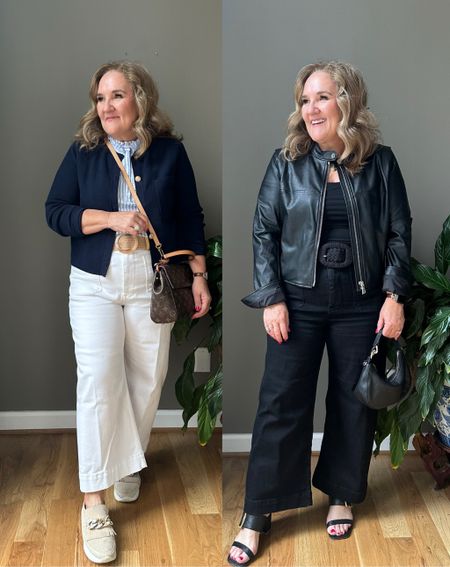 The Colette jeans. A Jean that won’t show any bumps. White I sized up to a 32 petite. Black I’m wearing a 31 reg. 

Spanx faux leather jacket size XL
10% off code NANETTEXSPANX 

Wide leg jeans white jeans black jeans Anthropologie 

#LTKOver40 #LTKWorkwear #LTKMidsize