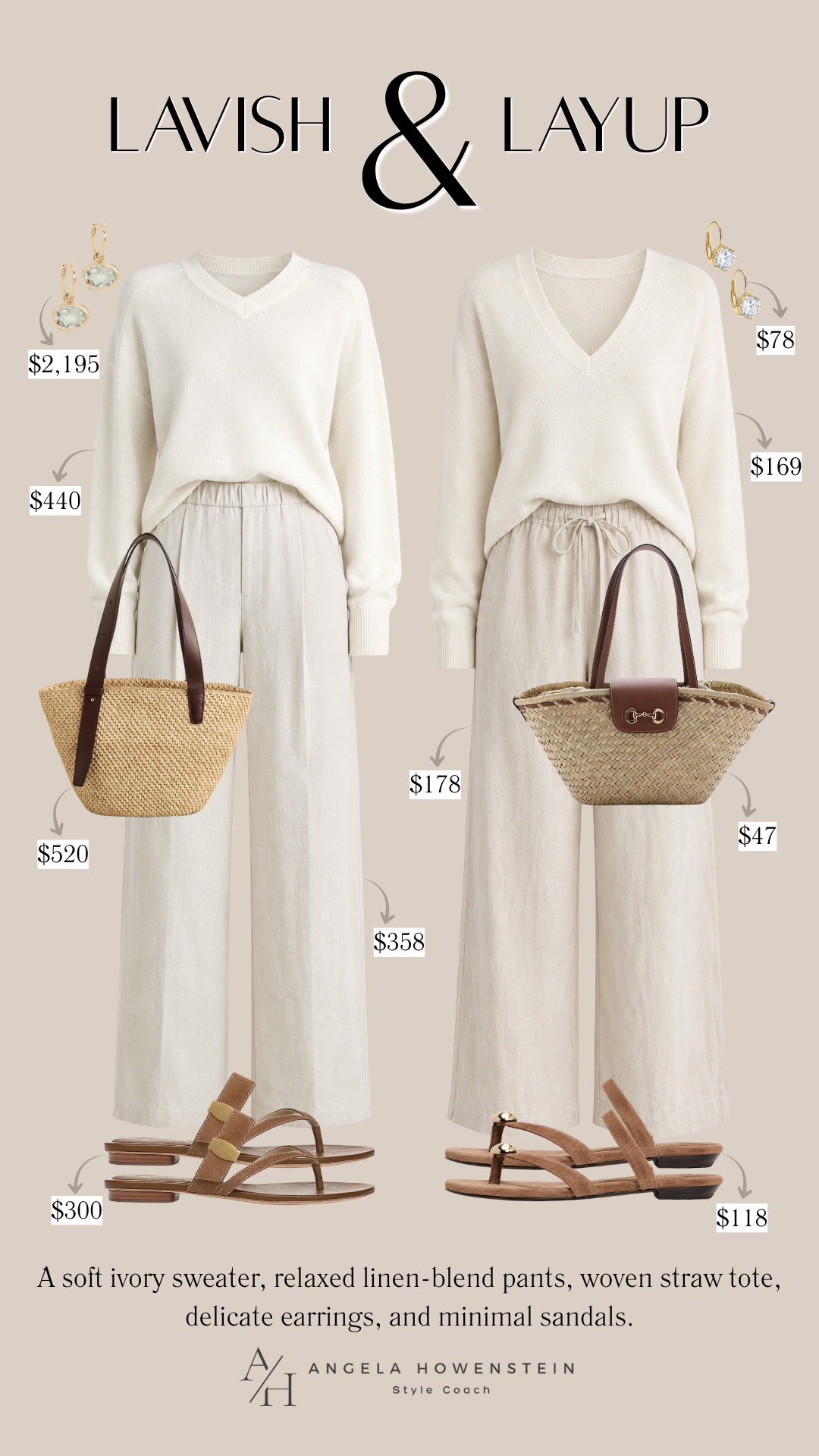Love an elevated neutral outfit but not always the luxury price tag? That's exactly why I love creating Lavish & Layup looks. Both outfits feature the same timeless formula, a soft ivory sweater, relaxed linen-blend pants, woven straw tote, delicate earrings, and minimal sandals. Whether you're investing in premium pieces or choosing budget-friendly alternatives, you'll create the same effortless, polished look that's perfect for vacations, weekends, or everyday style.

👩‍💻 LTK PRO TIPS
❤️ Heart = Support my posts ;-)
🔖 Save = Compare your favorite looks before you shop.
📋 Lists = Organize your favorites by budget.
📲 Share = Send this to a friend who loves timeless fashion.
💬 Comment = Are you choosing Lavish or Layup? 

 #LTKootd #LTKSeasonal #LTKOver40