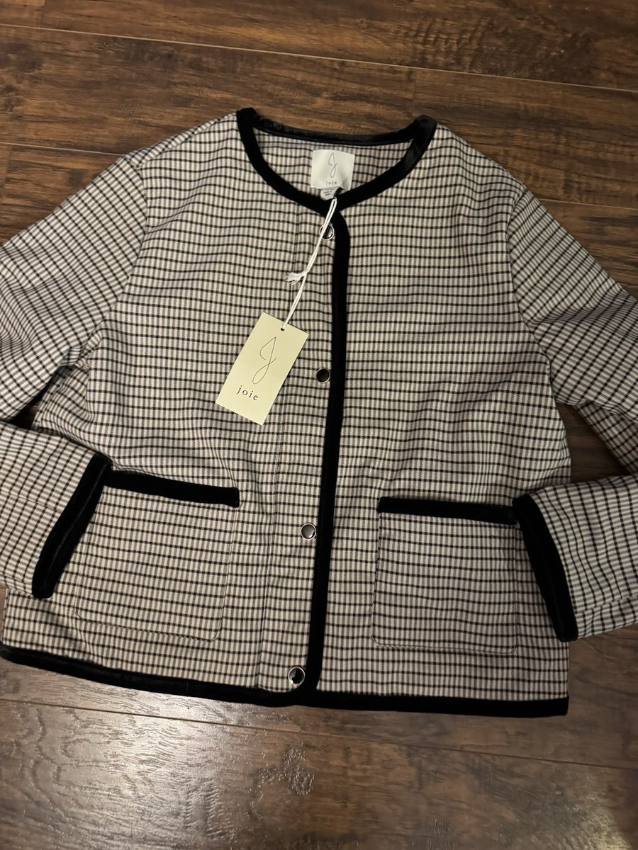 NWT JOIE Women’s M Lined Zip Front Cardigan Jacket Mini Check Velvet Trim | eBay US