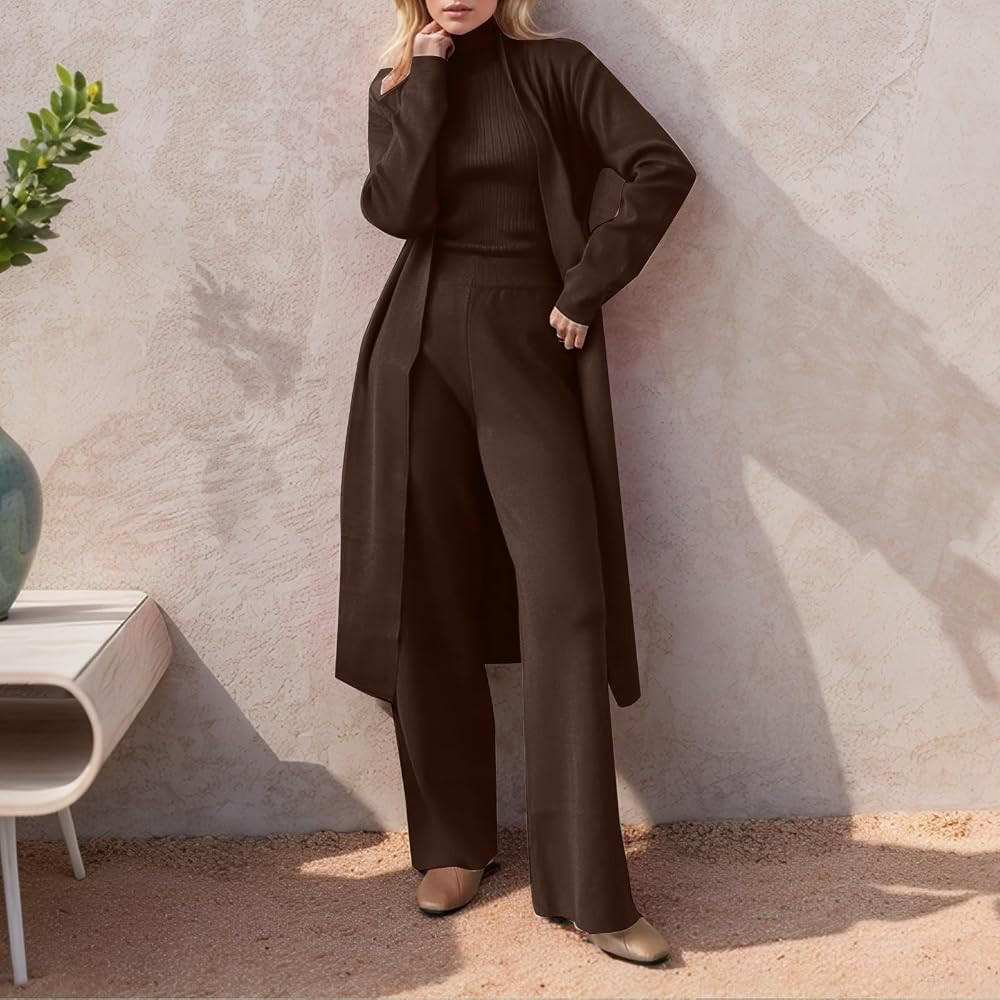 Women's 3 Piece Knit Lounge Set, Long Sleeve Cardigan Sleeveless Turtleneck Tank Top and Wide Leg... | Amazon (US)