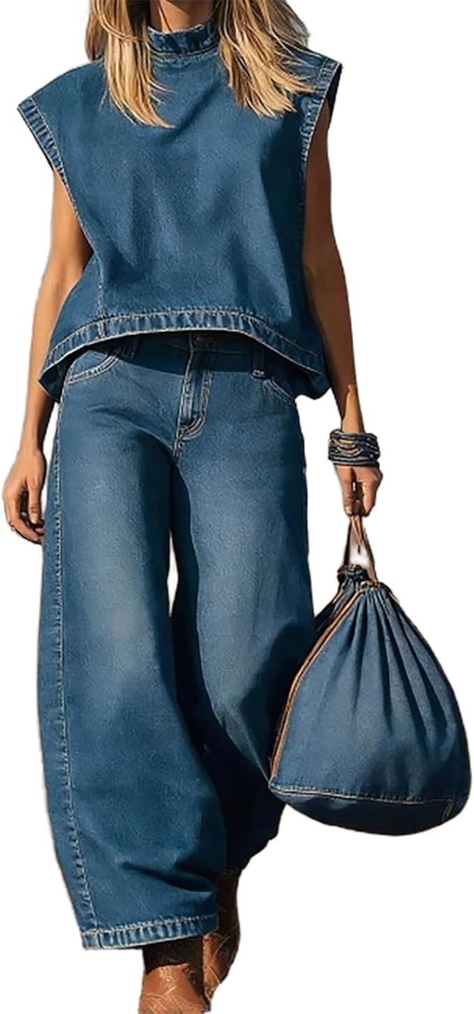 Denim Set for Women 2 Piece Cap Sleeve Mock Neck Loose Top and Wide Leg Pants Set Casual | Amazon (US)