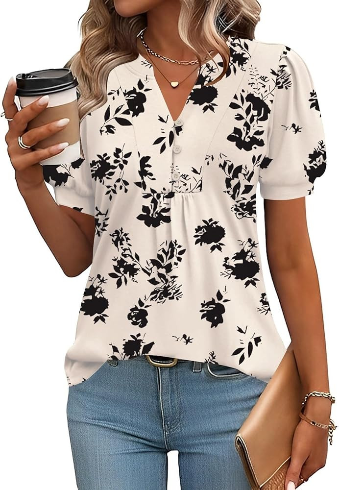 IECCP Womens Tops Puff Short Sleeve Shirts Dressy Casual Henley V-Neck Summer Tops Pleated T-Shir... | Amazon (US)