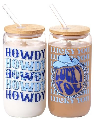 Pecfamly Cute Glass Cups with Lids And Straws - Coastal Cowgirl Stuff Gifts - Cute Iced Coffee Cups - Aesthetic Glass Cup - Cute Glass Tumbler 16Oz Pack of 2 | Amazon (US)