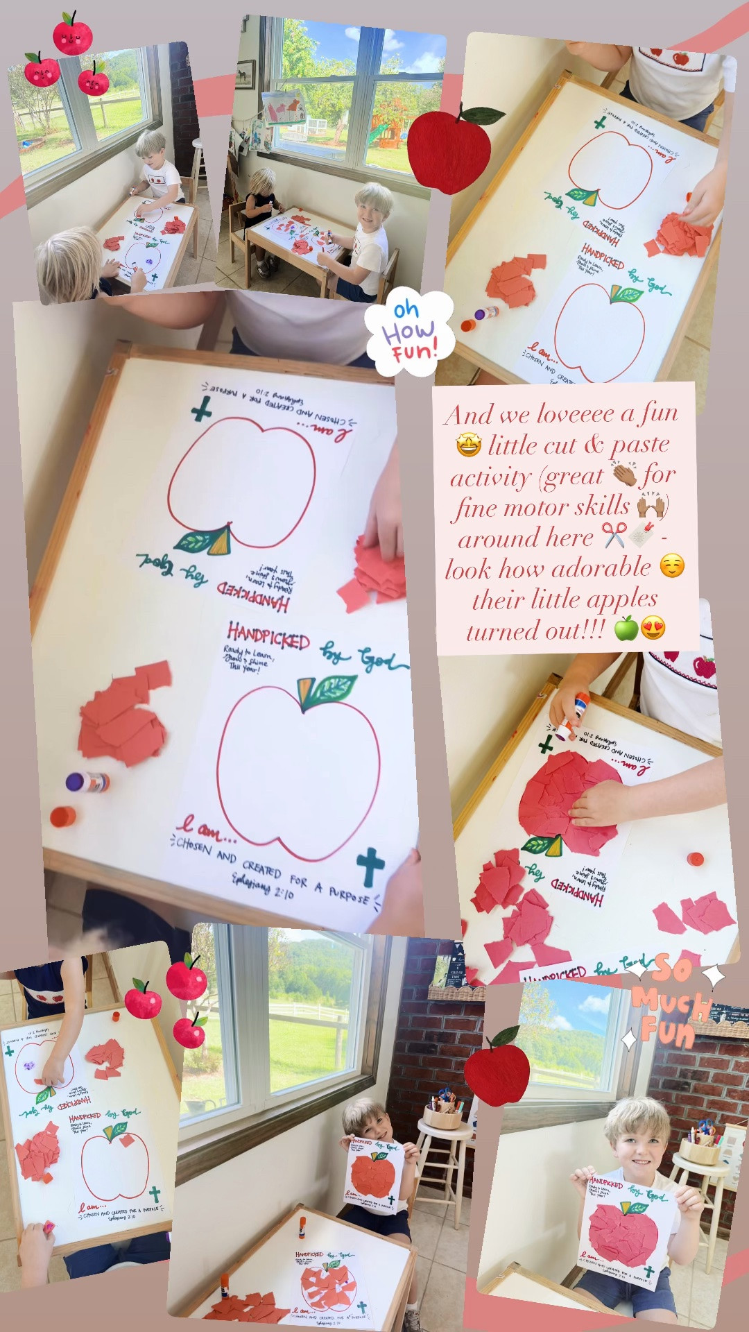 And we loveeee a fun 🤩 little cut & paste activity (great 👏🏽 for fine motor skills 🙌🏽) around here ✂️🔖 - look how adorable ☺️ their little apples turned out!!! 🍏😍 And we learned about how we are “handpicked” and created by God ✝️ - what a gift 🎁 it is getting to raise and teach them in the Word!! 📖