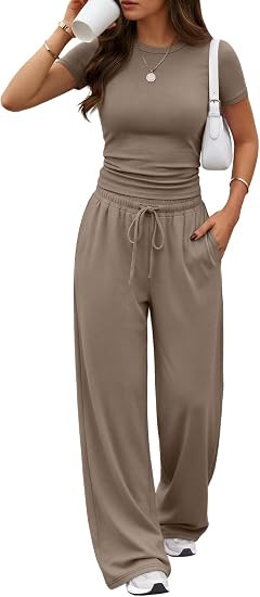 Trendy Queen 2 Piece Matching Summer Lounge Set Womens Side Ruching Top Wide Leg Pants Sets with ... | Amazon (US)
