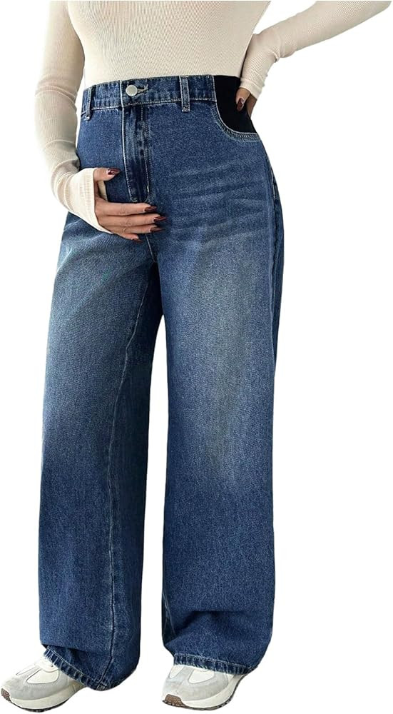 MakeMeChic Women's Maternity Jeans Loose Wide Leg Over The Belly Straight Pregnancy Jeans Denim P... | Amazon (US)