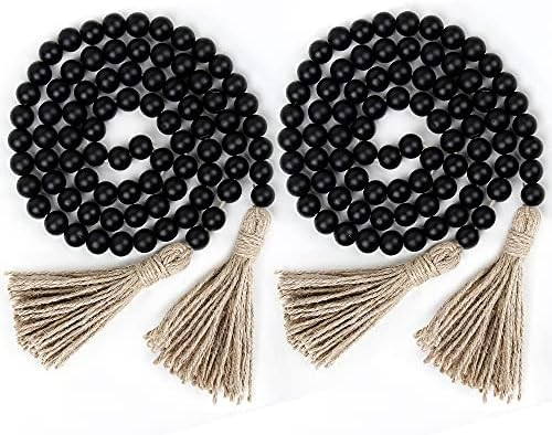 2Pcs Farmhouse Beads, 58in Wood Bead Garland with Tassels,Boho Beads Garland Tiered Tray Decor Ru... | Amazon (US)