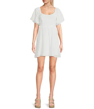 Textured Check Puff Sleeve With Bow Back Detail Short Dress | Dillard's