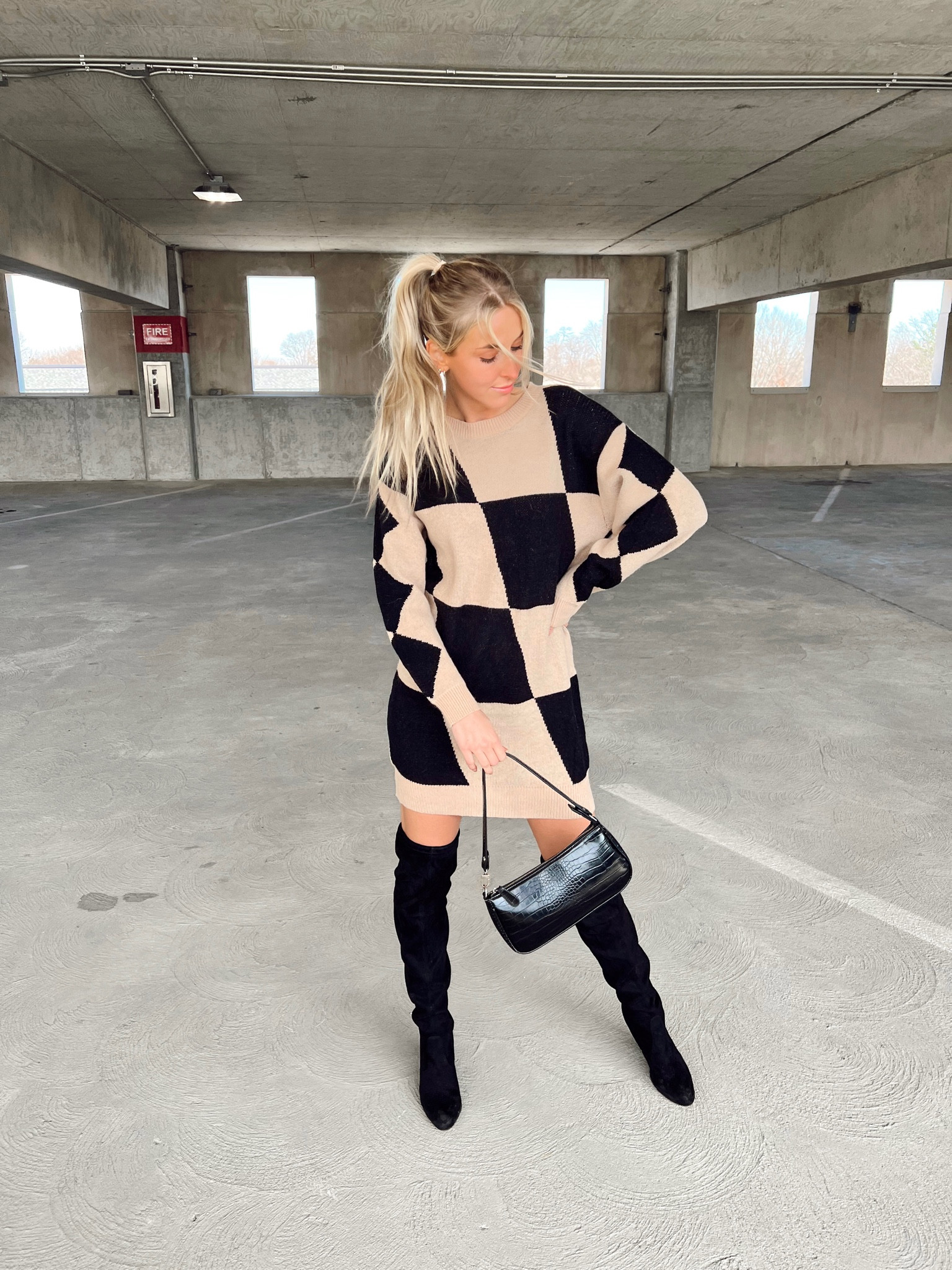 Sweater dress, thigh high boots, black boots, purse, neutrals

#LTKunder50 #LTKfit #LTKstyletip