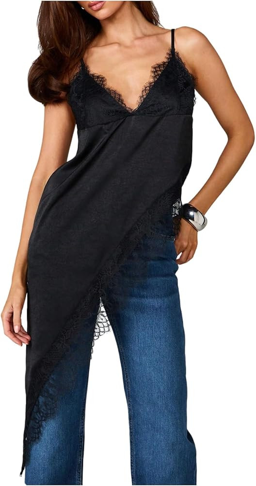 SweatyRocks Women's Satin Y2k Halter Lace Sleeveless Flowy Top Lace Asymmetrical Hem Going Out Tank Tops | Amazon (US)