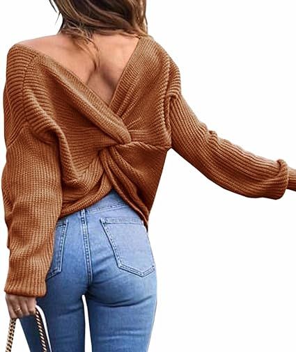 Sexyshine Women's Casual V Neck Criss Cross Backless Long Batwing Sleeve Loose Knitted Sweater Pu... | Amazon (US)